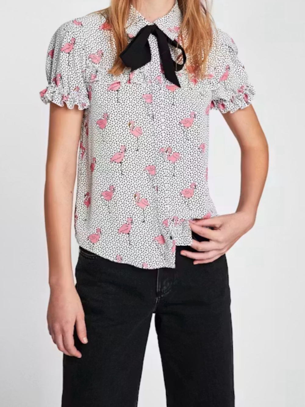 Zara White Polka Dot Blouse with Pink Flamingo Print and Black Bow